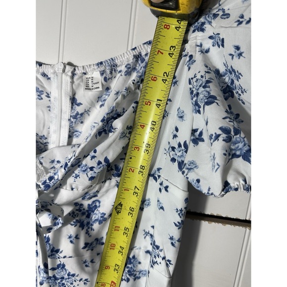 Floral Midi Dress Womens Medium Blue White Puff Sleeve Cottagecore Boho Summer - Picture 3 of 5